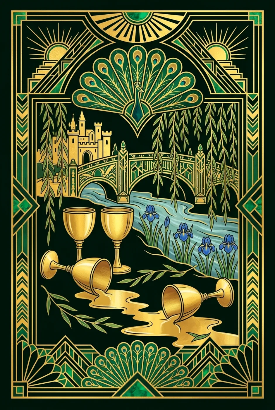 Five of Cups, upright, a Gilded tarot card