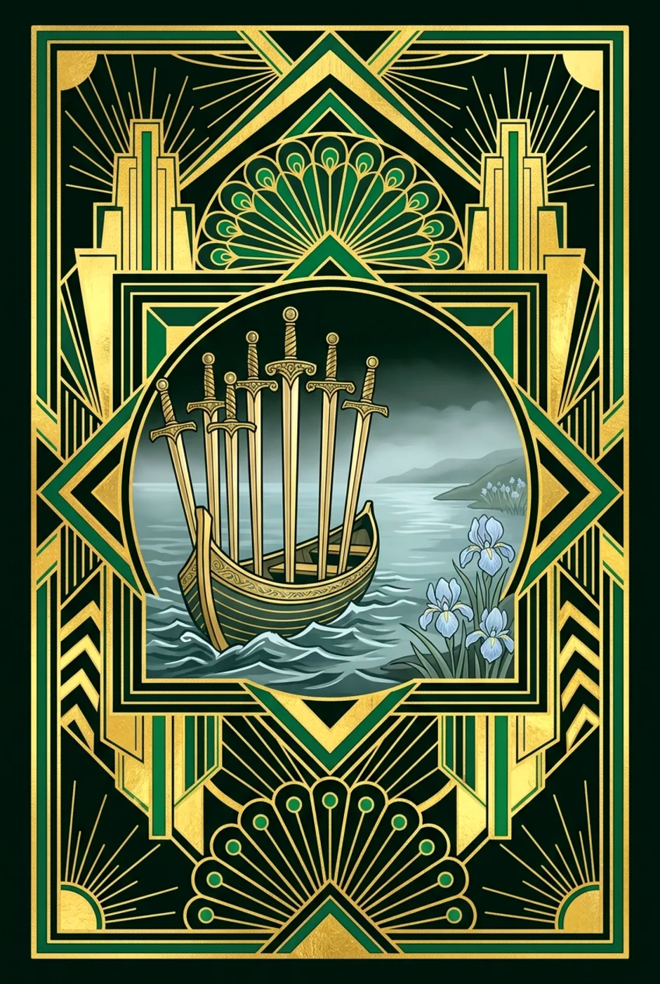 Six of Swords, upright, a Gilded tarot card