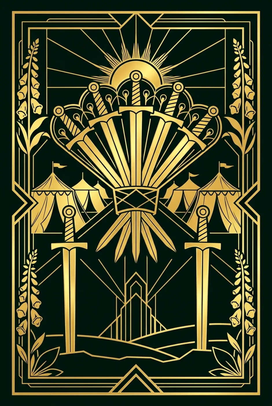 Seven of Swords, upright, a Gilded tarot card
