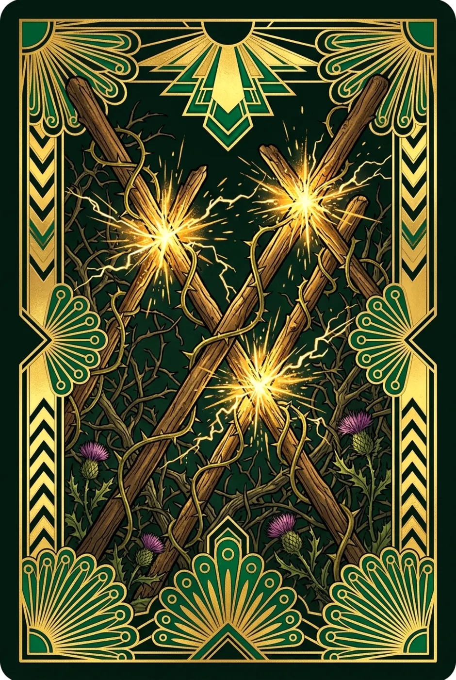 Five of Wands, upright, a Gilded tarot card