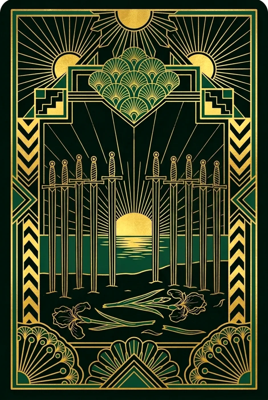 Ten of Swords, upright, a Gilded tarot card
