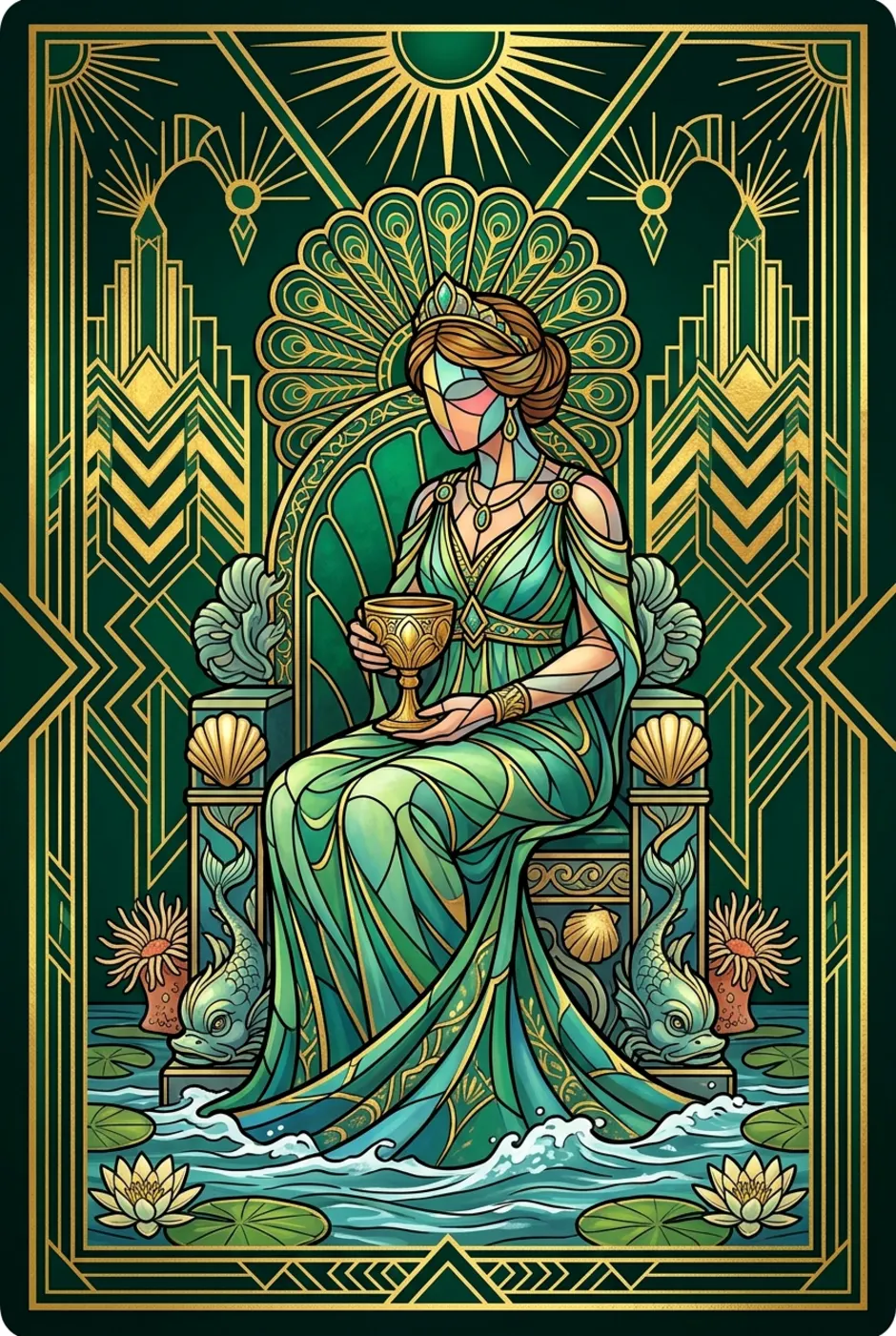 Queen of Cups, upright, a Gilded tarot card