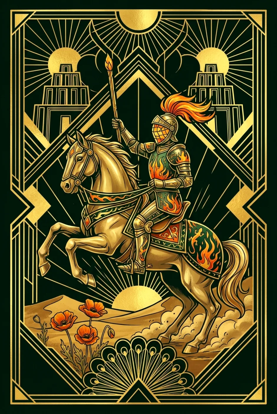 Knight of Wands, reversed, a Gilded tarot card