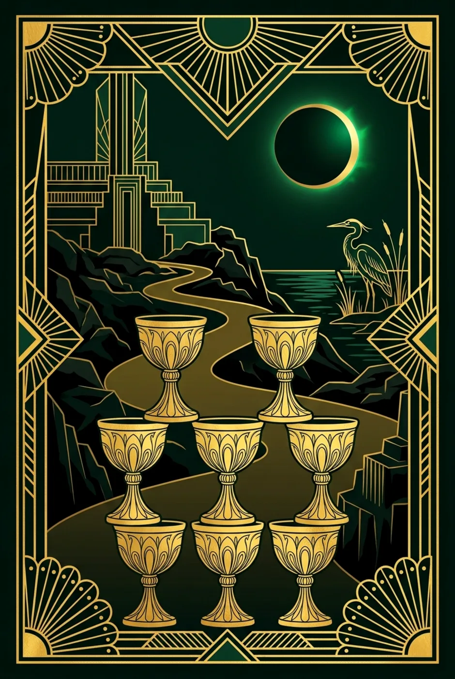 Eight of Cups, upright, a Gilded tarot card