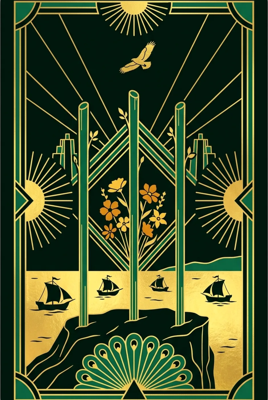 Three of Wands, upright, a Gilded tarot card