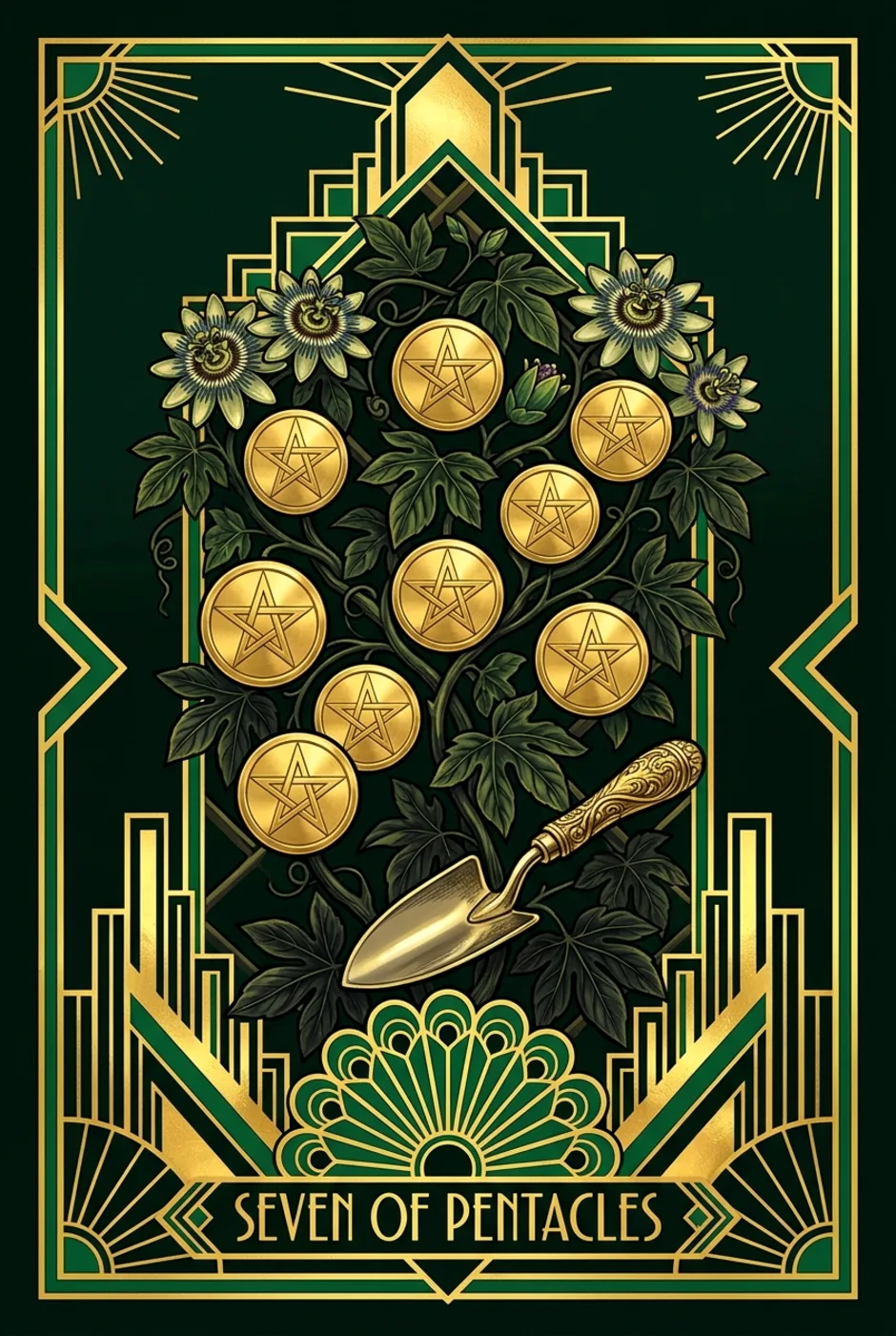 Seven of Pentacles, reversed, a Gilded tarot card