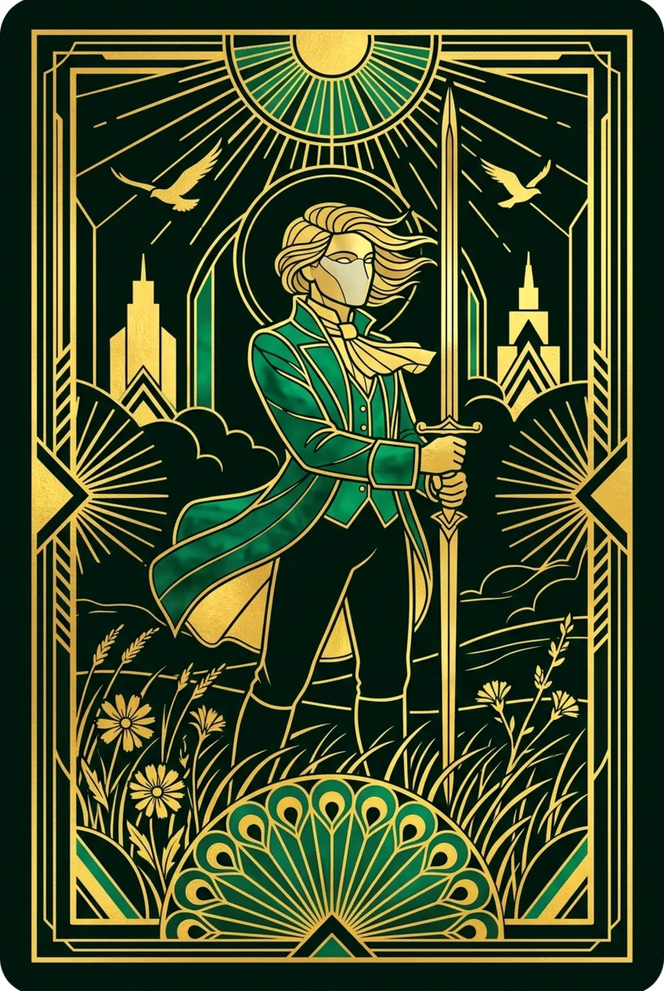 Page of Swords, upright, a Gilded tarot card