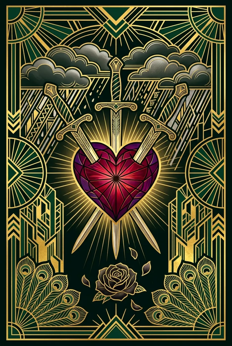 Three of Swords, reversed, a Gilded tarot card