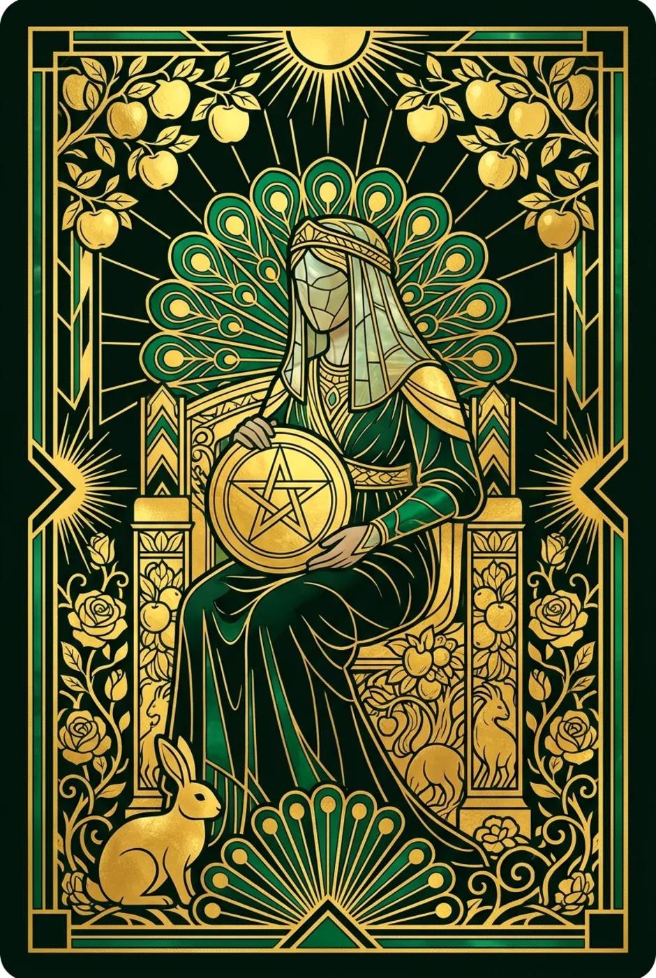 Queen of Pentacles, reversed, a Gilded tarot card