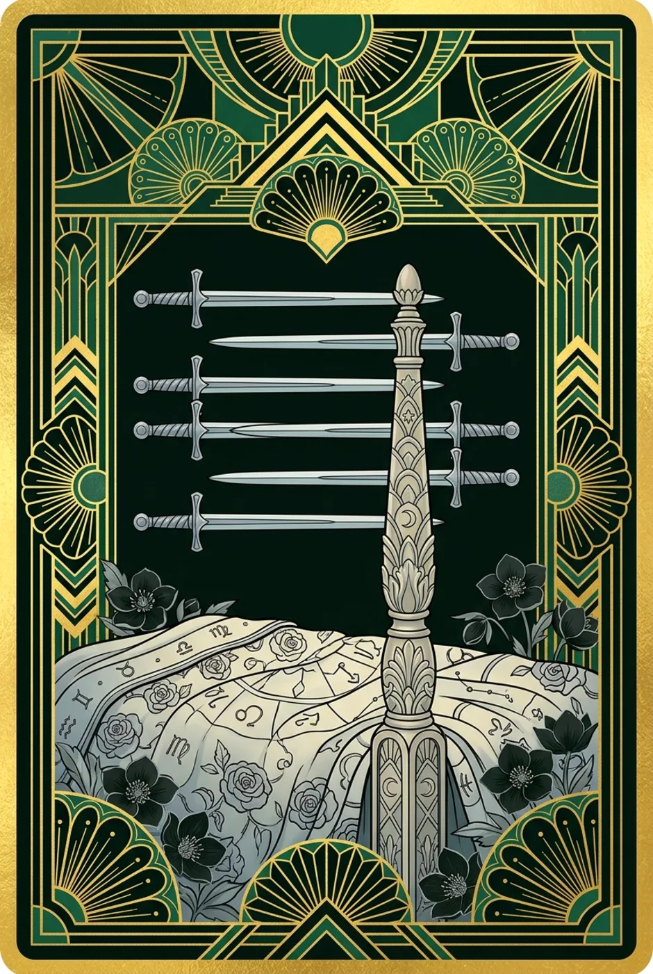 Nine of Swords, reversed, a Gilded tarot card