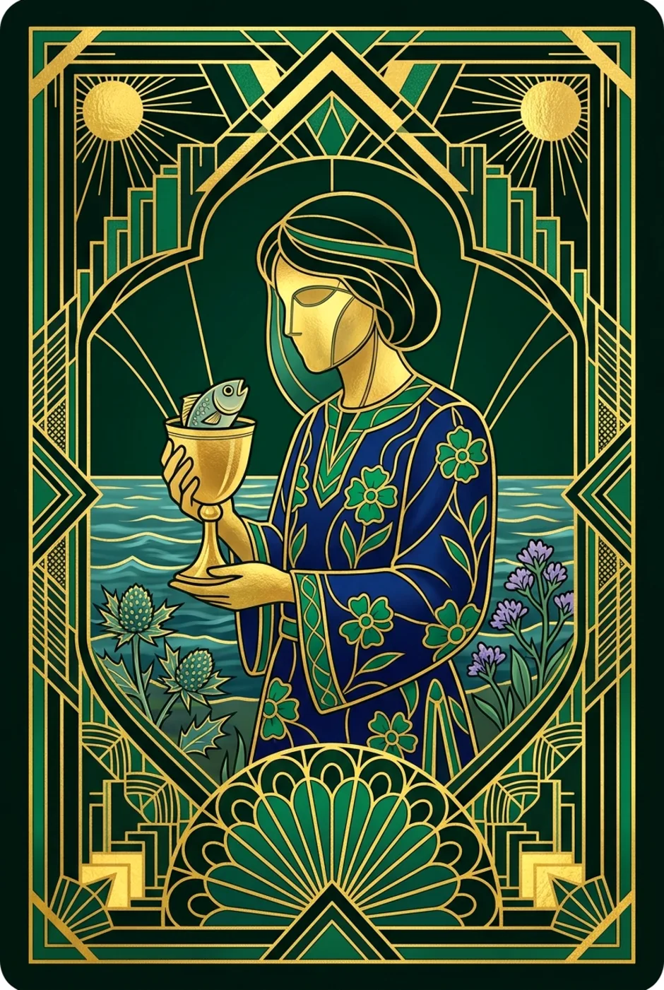 Page of Cups, reversed, a Gilded tarot card