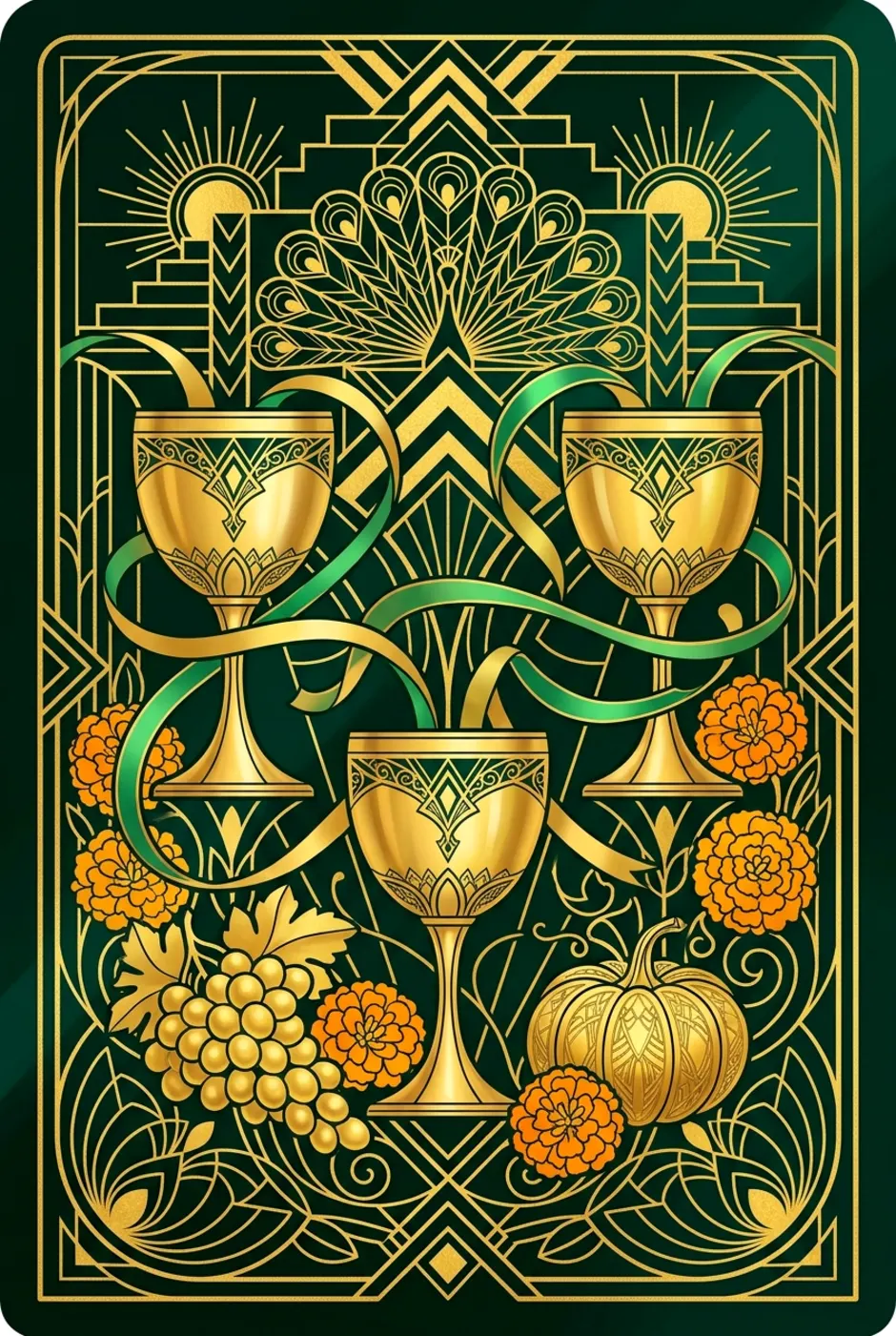 Three of Cups, upright, a Gilded tarot card
