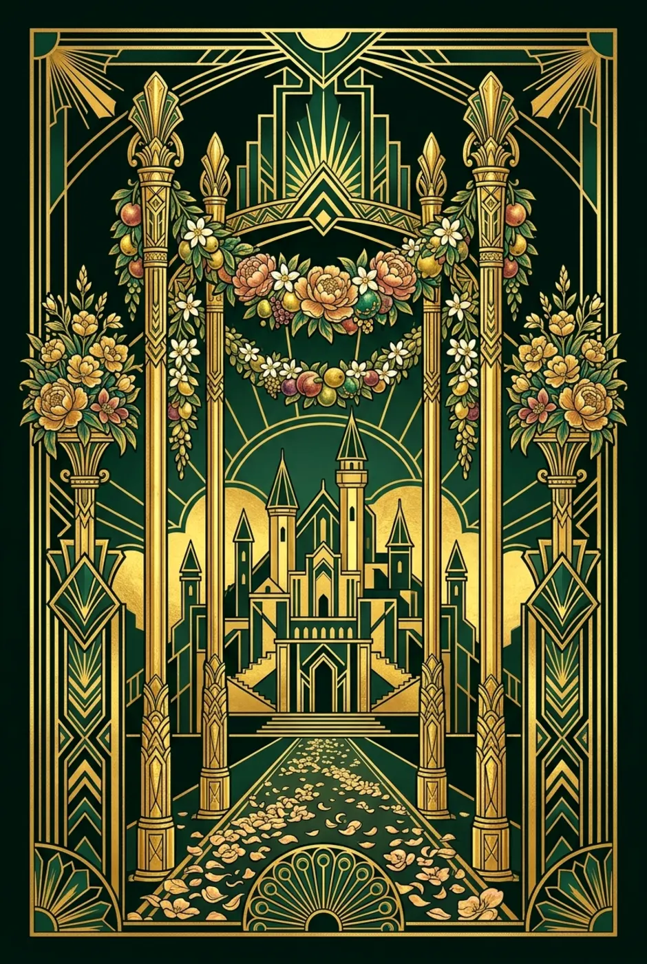 Four of Wands, upright, a Gilded tarot card