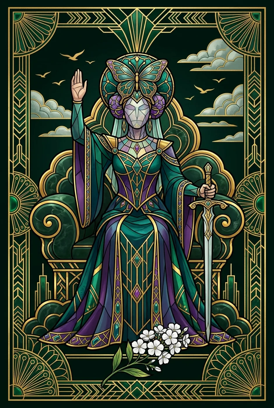 Queen of Swords, reversed, a Gilded tarot card