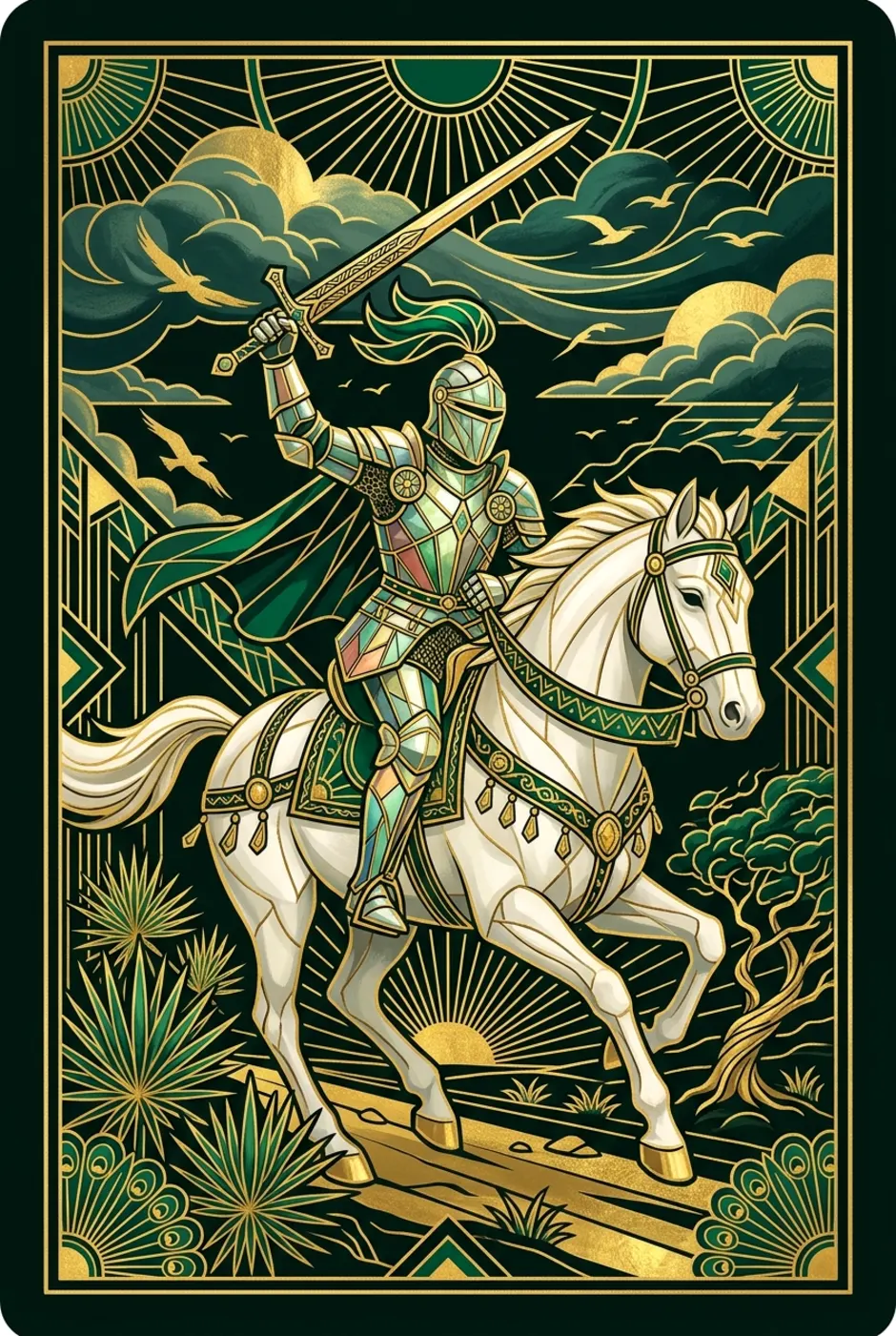 Knight of Swords, upright, a Gilded tarot card