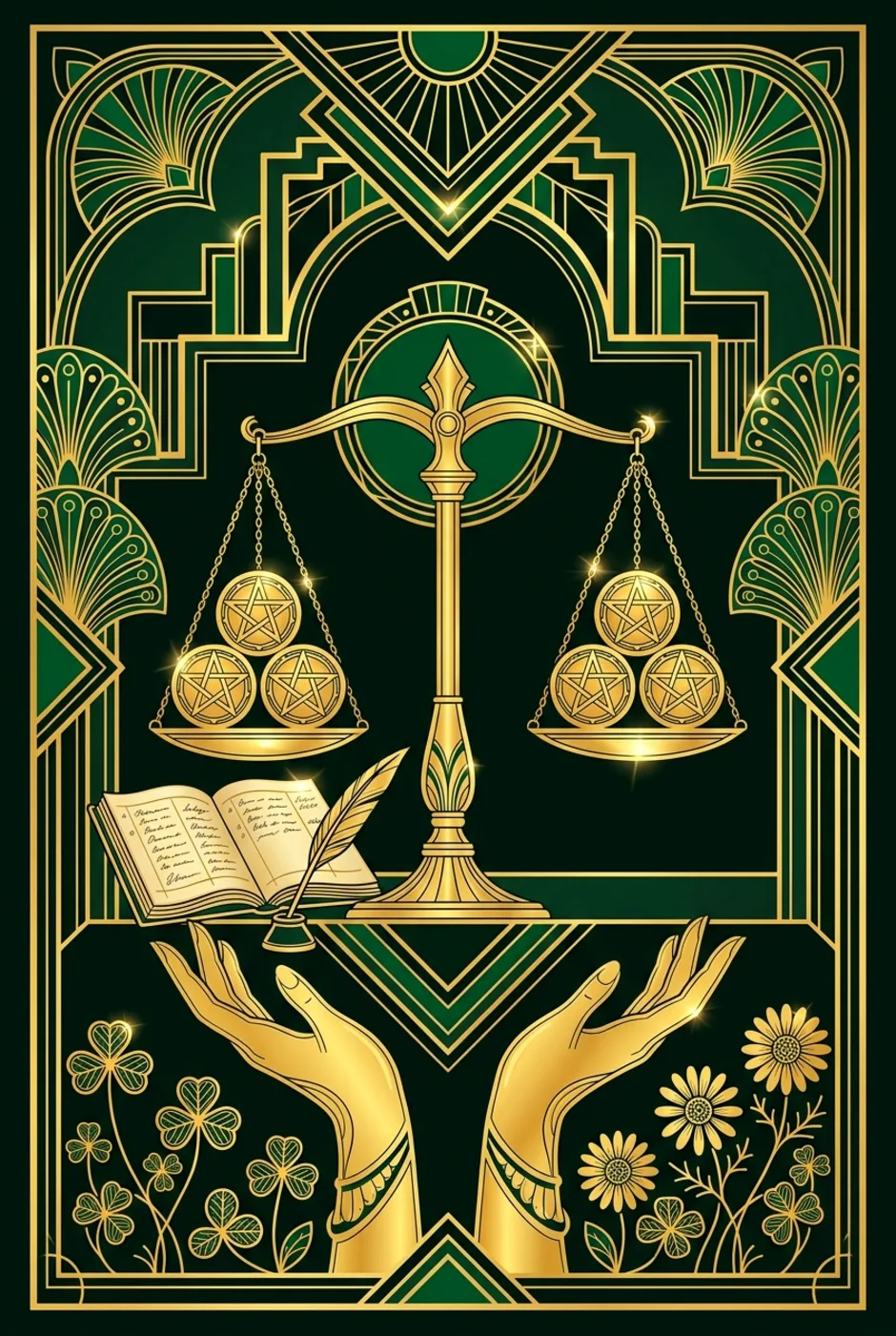 Six of Pentacles, upright, a Gilded tarot card