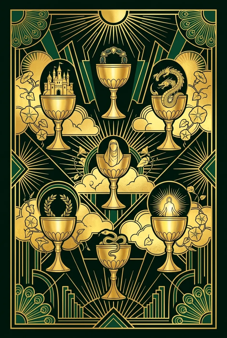Seven of Cups, reversed, a Gilded tarot card