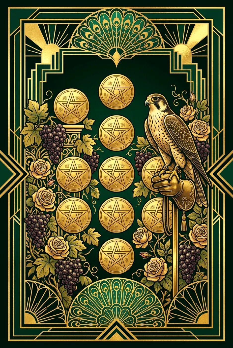 Nine of Pentacles, upright, a Gilded tarot card