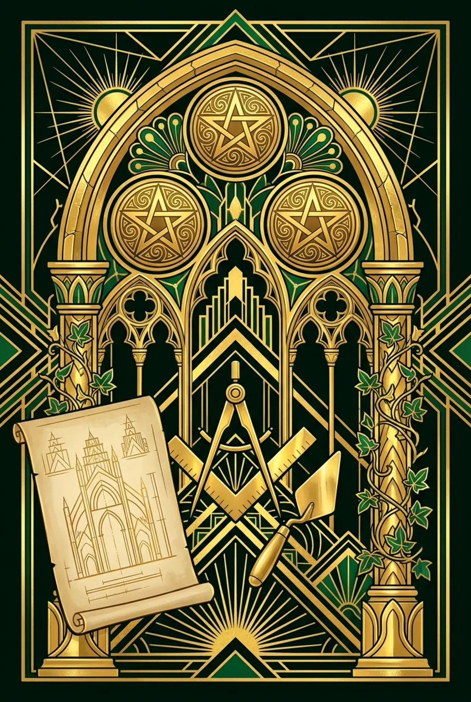 Three of Pentacles, upright, a Gilded tarot card