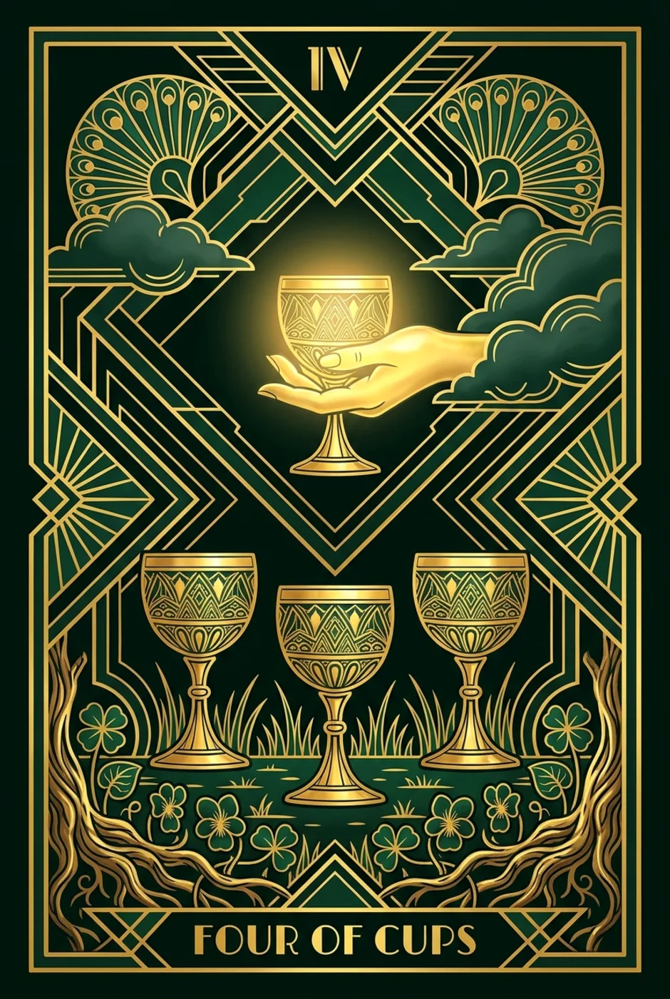 Four of Cups, upright, a Gilded tarot card