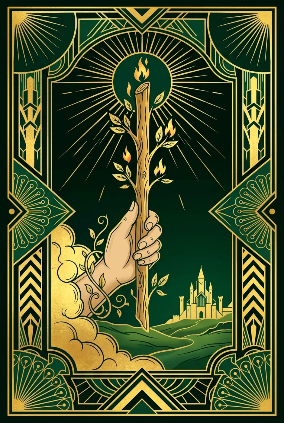 Ace of Wands, upright, a Gilded tarot card