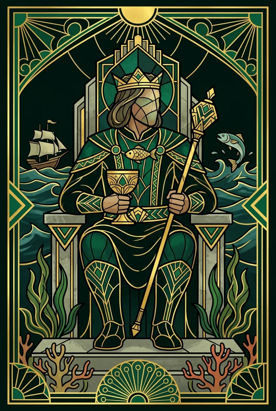King of Cups, upright, a Gilded tarot card