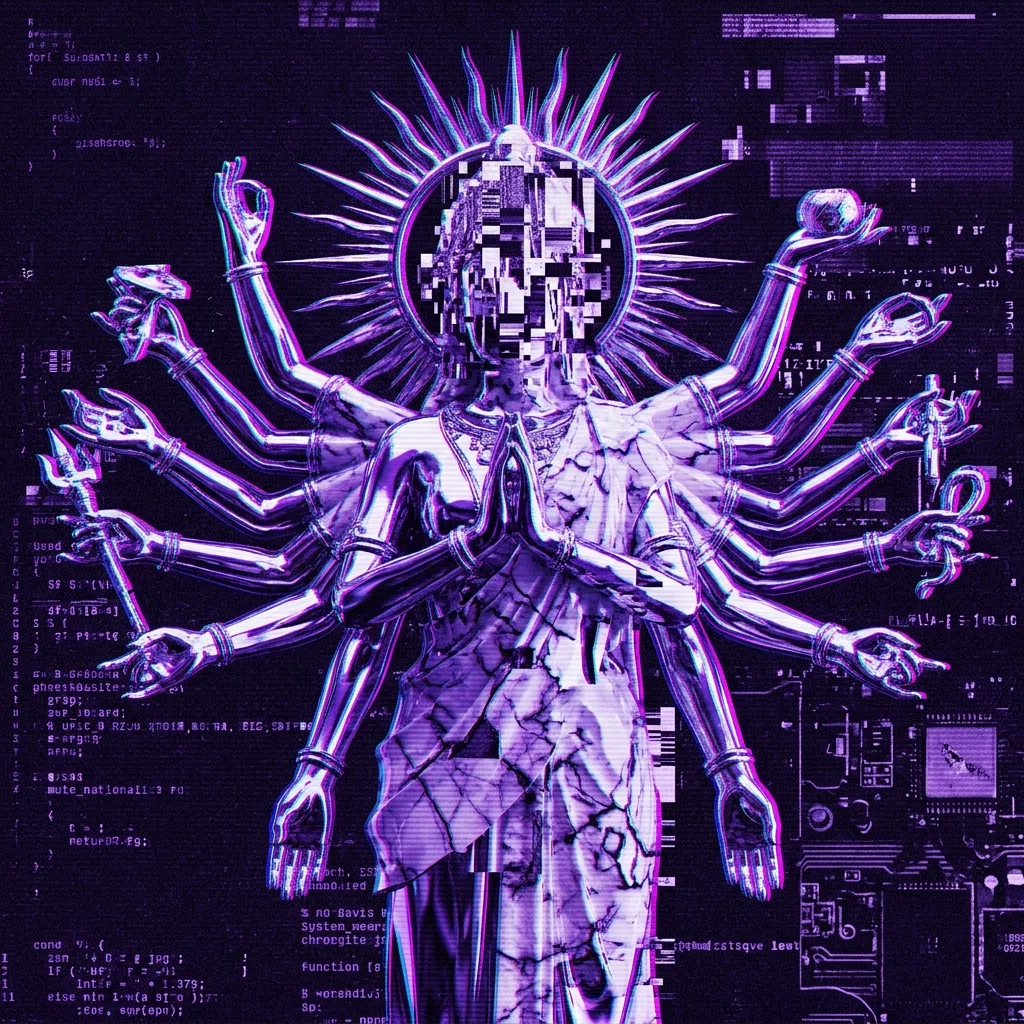 A glitched chrome multi-armed deity in ultraviolet with a pixel-corrupted face and a radiating sunburst halo, lines of code running down the margins.