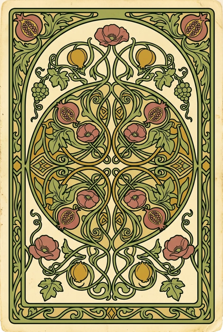 The patterned back of a L'Heure Verte tarot card