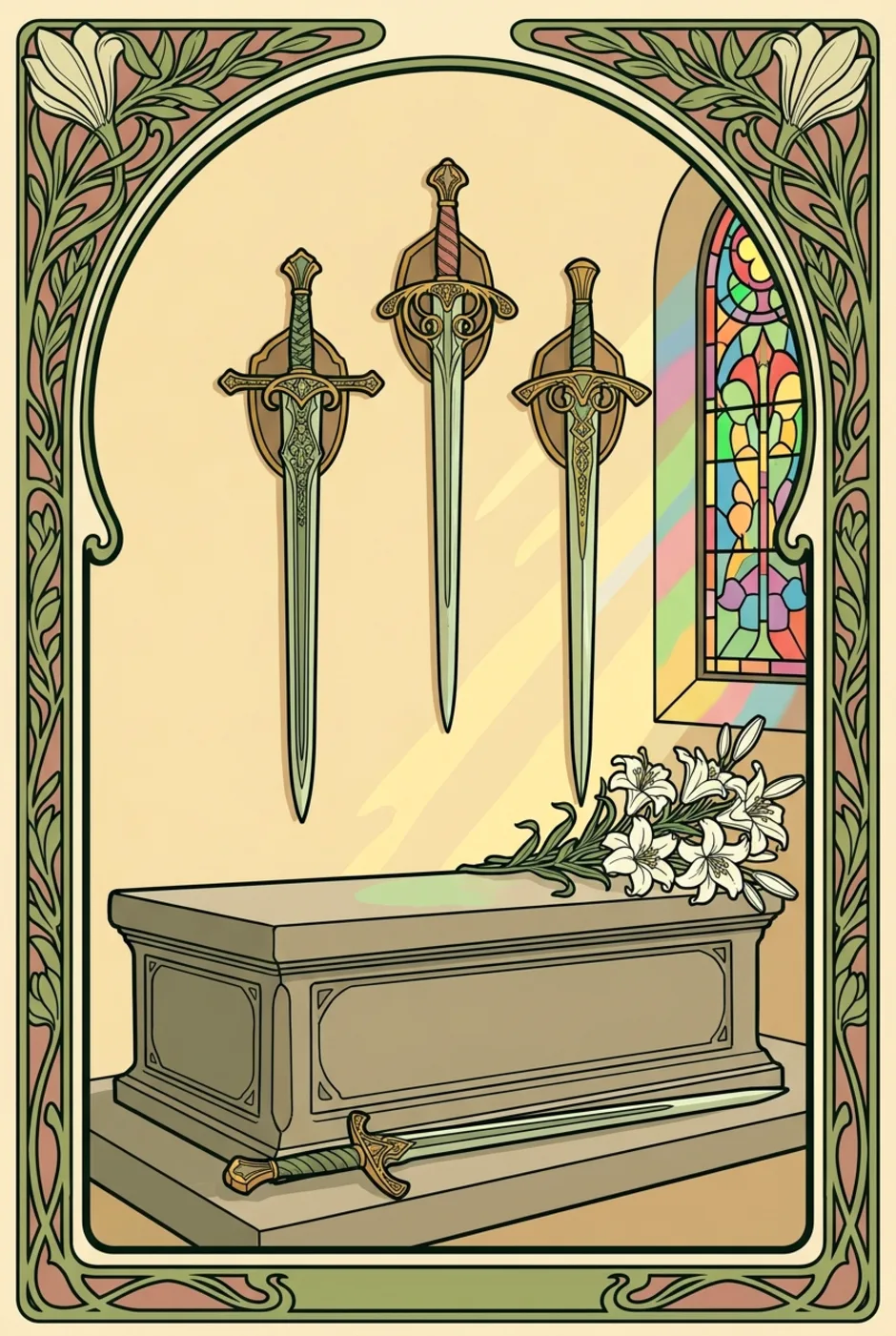 Four of Swords, reversed, a L'Heure Verte tarot card