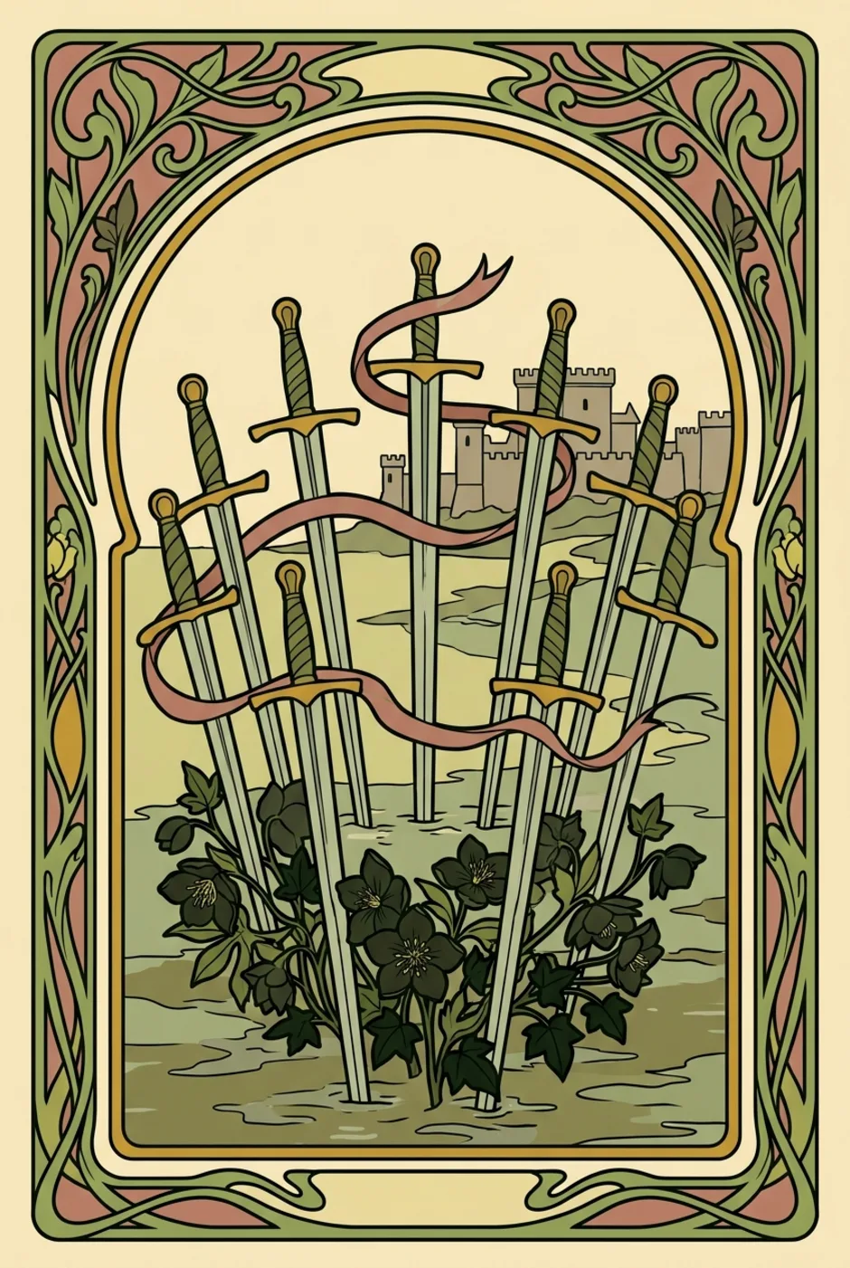 Eight of Swords, upright, a L'Heure Verte tarot card
