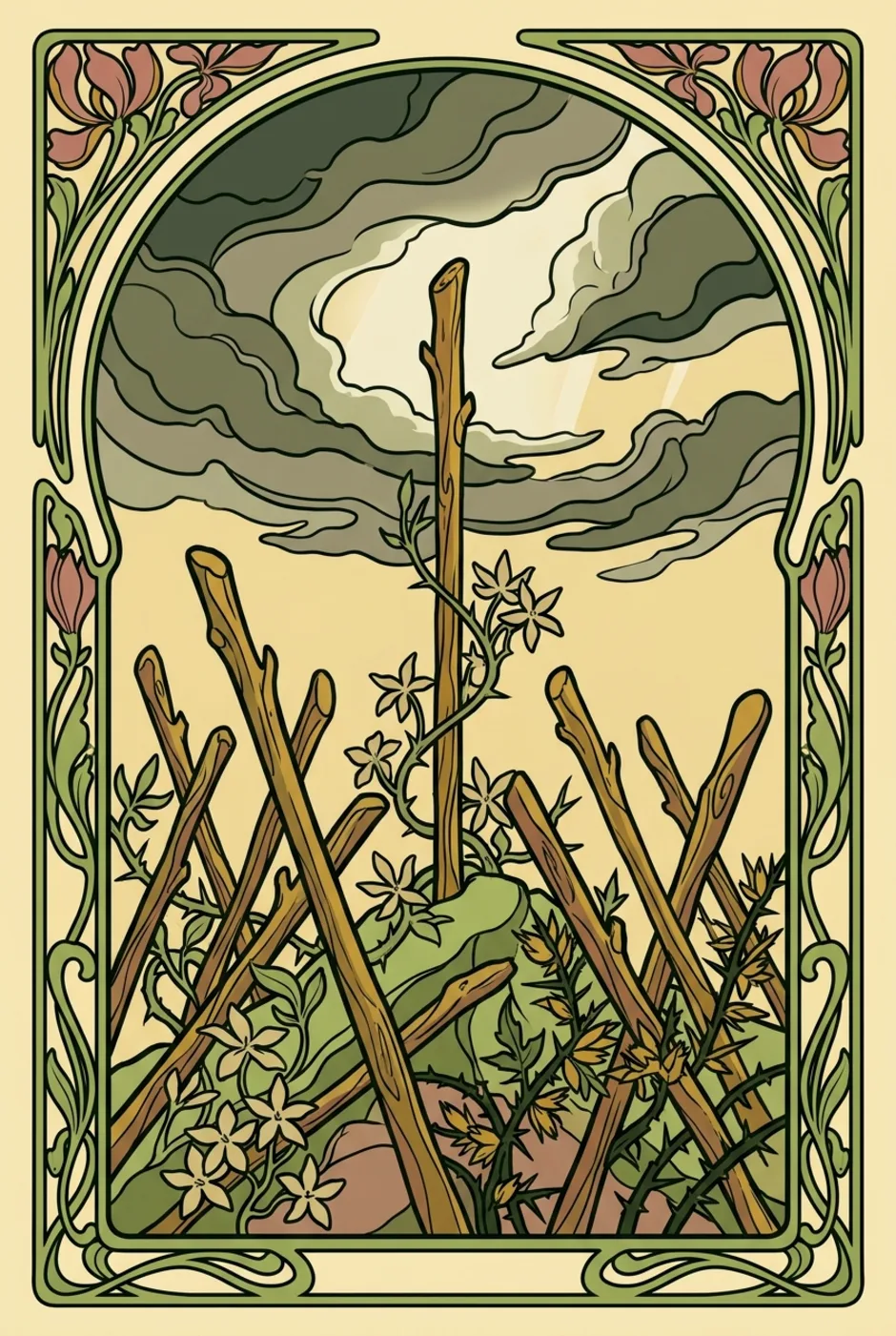 Seven of Wands, reversed, a L'Heure Verte tarot card