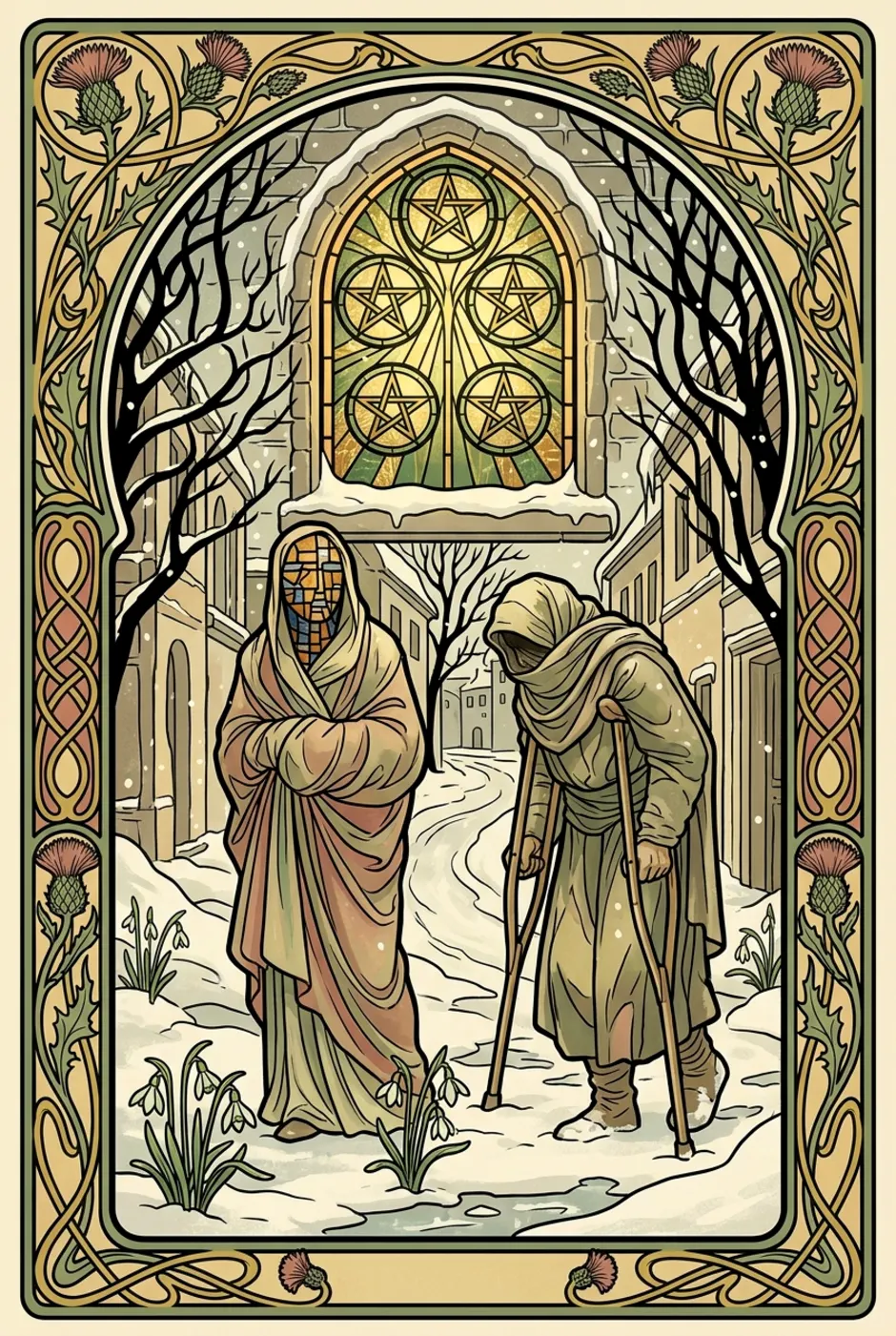 Five of Pentacles, reversed, a L'Heure Verte tarot card