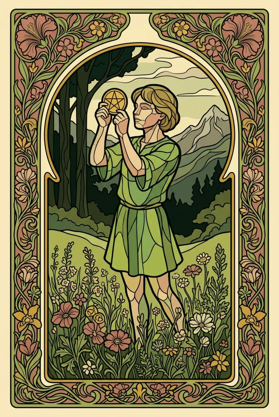 Page of Pentacles, reversed, a L'Heure Verte tarot card