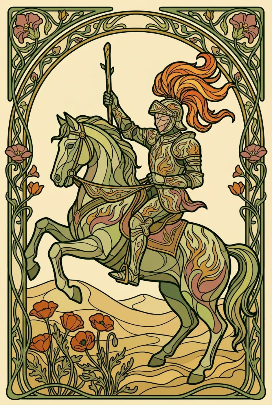 Knight of Wands, reversed, a L'Heure Verte tarot card