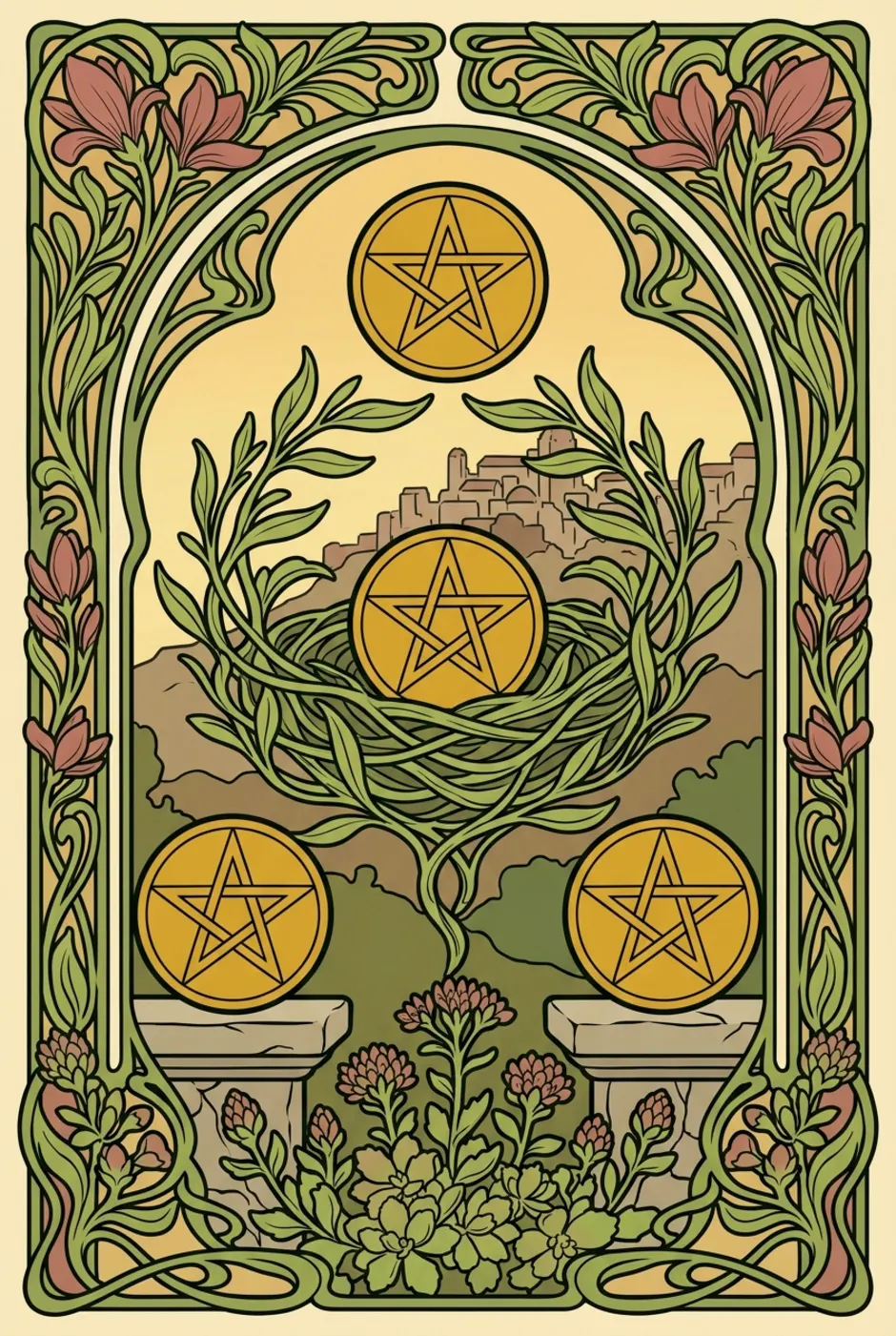 Four of Pentacles, reversed, a L'Heure Verte tarot card