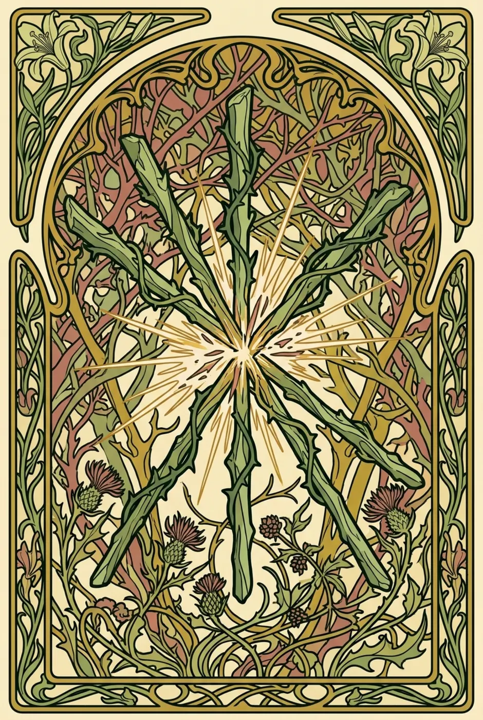 Five of Wands, upright, a L'Heure Verte tarot card