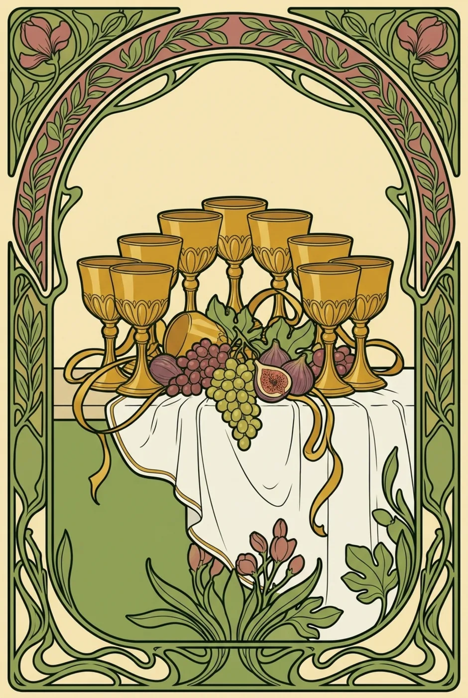 Nine of Cups, upright, a L'Heure Verte tarot card