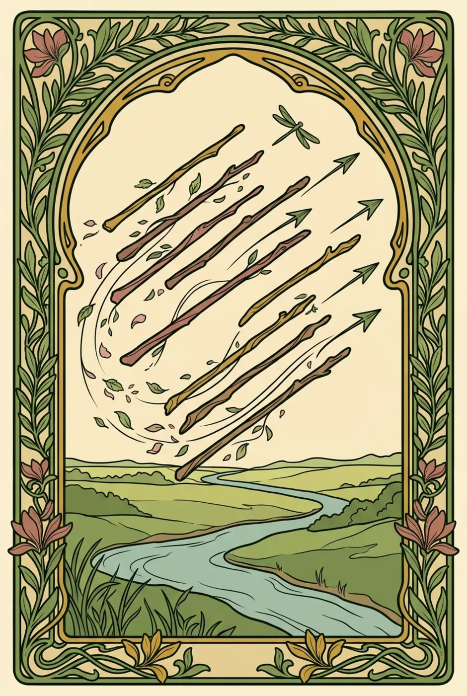 Eight of Wands, reversed, a L'Heure Verte tarot card