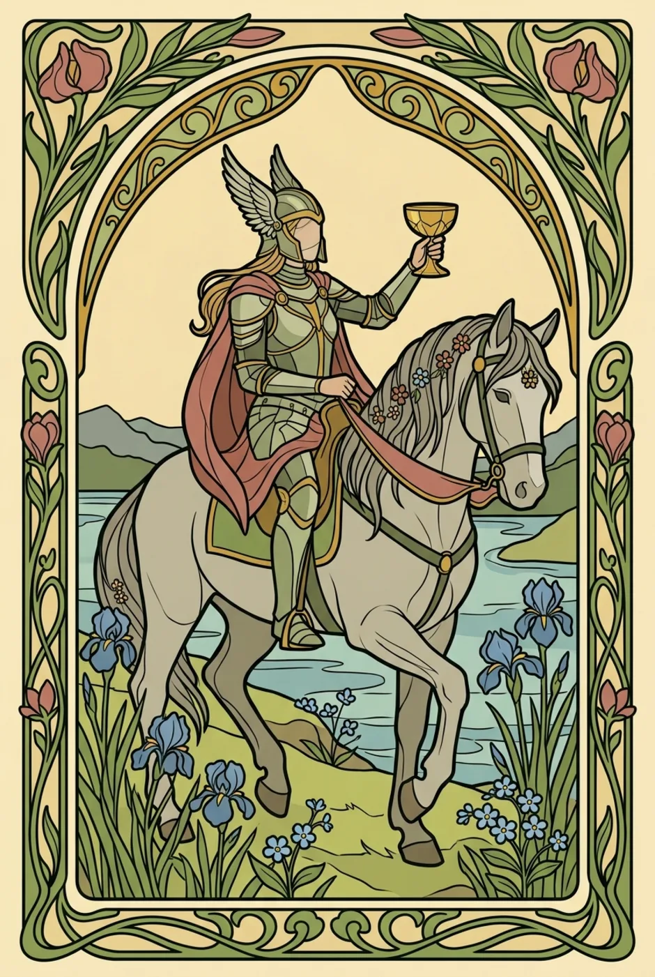 Knight of Cups, reversed, a L'Heure Verte tarot card