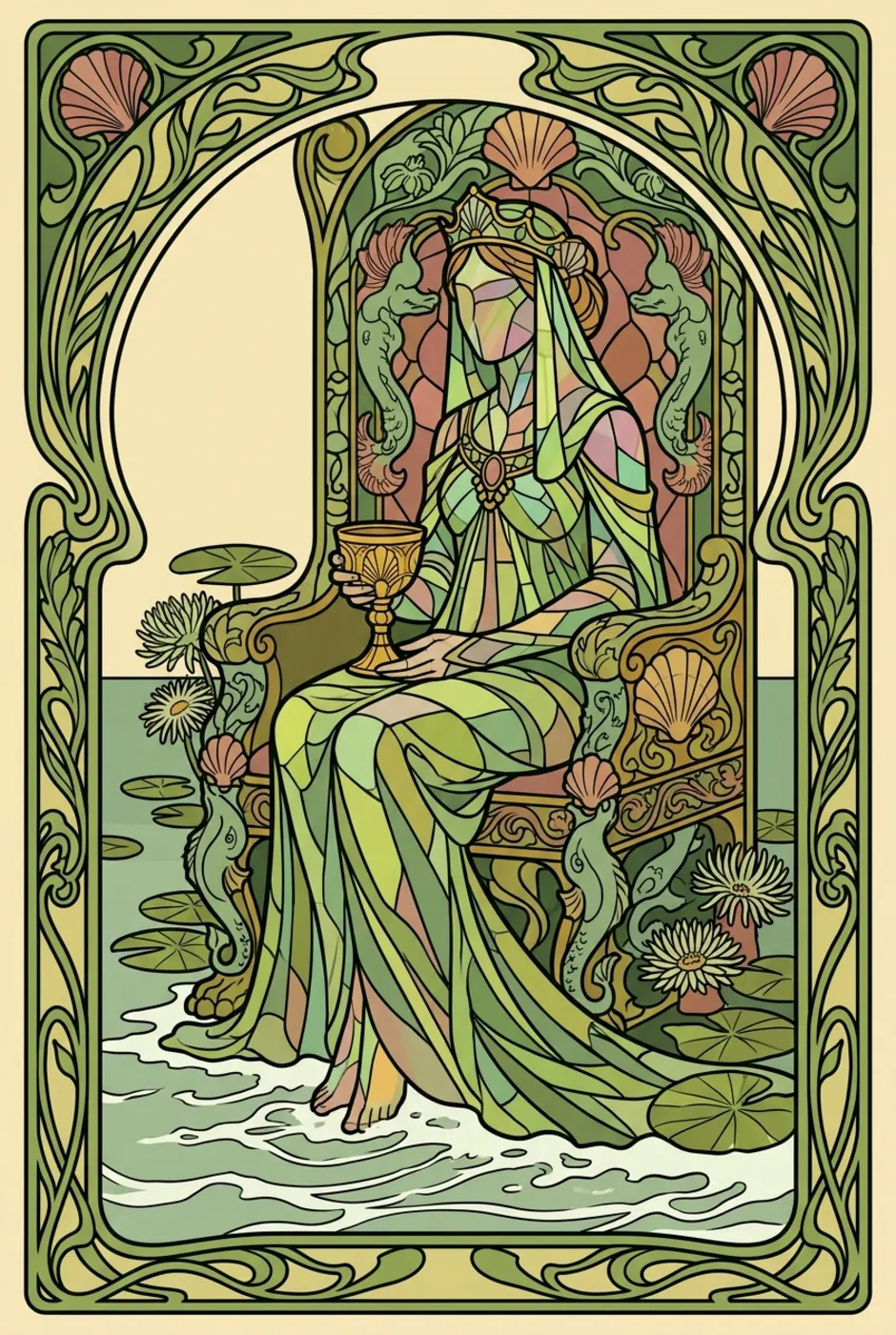 Queen of Cups, upright, a L'Heure Verte tarot card