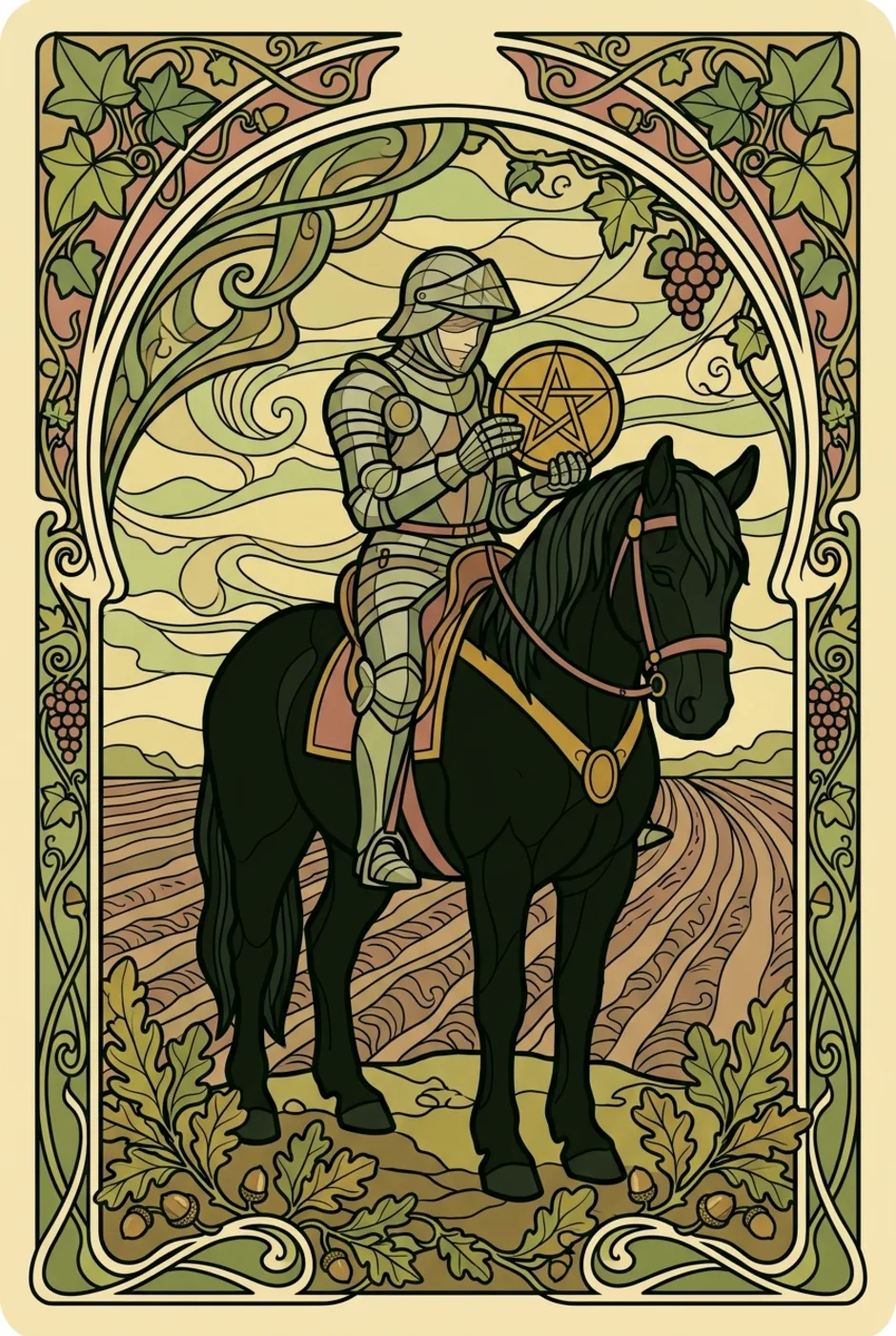 Knight of Pentacles, upright, a L'Heure Verte tarot card