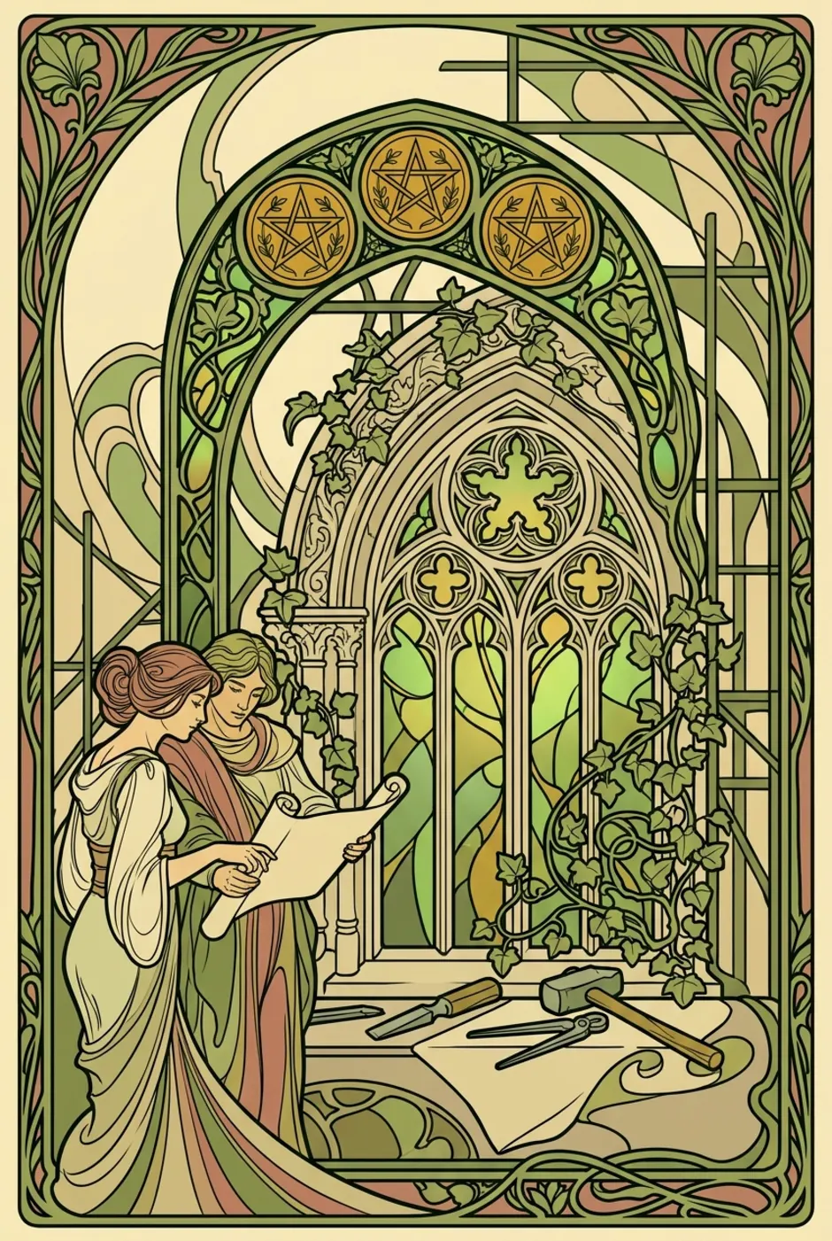 Three of Pentacles, reversed, a L'Heure Verte tarot card