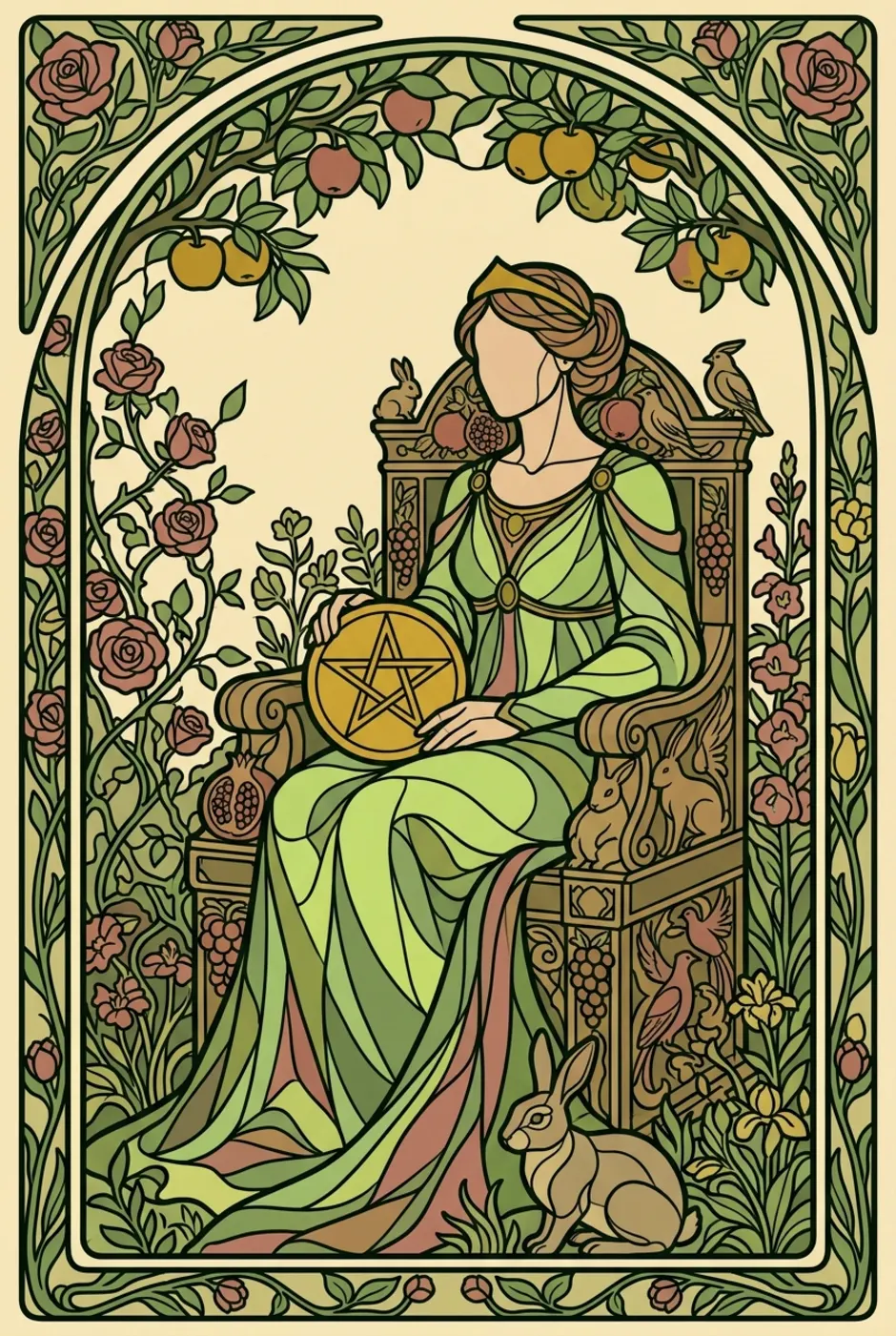 Queen of Pentacles, upright, a L'Heure Verte tarot card