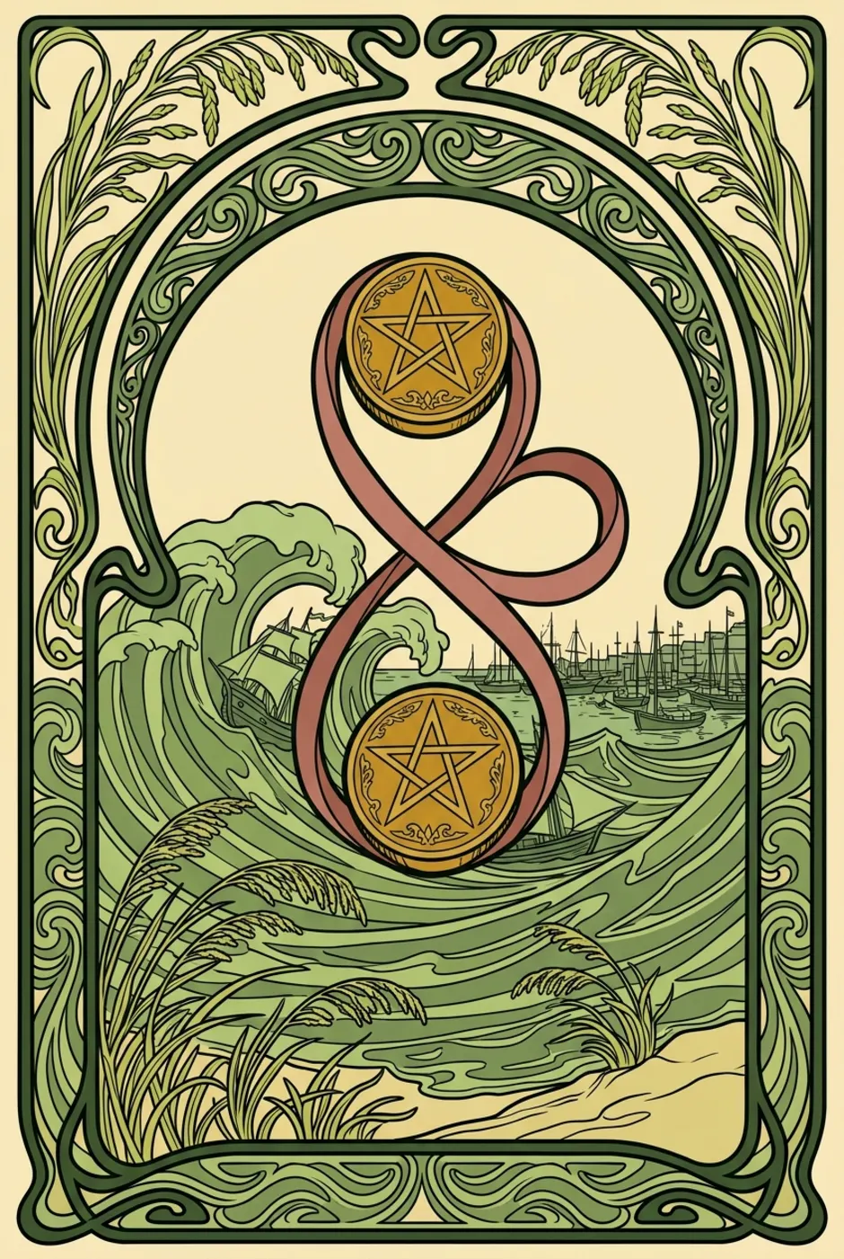 Two of Pentacles, reversed, a L'Heure Verte tarot card