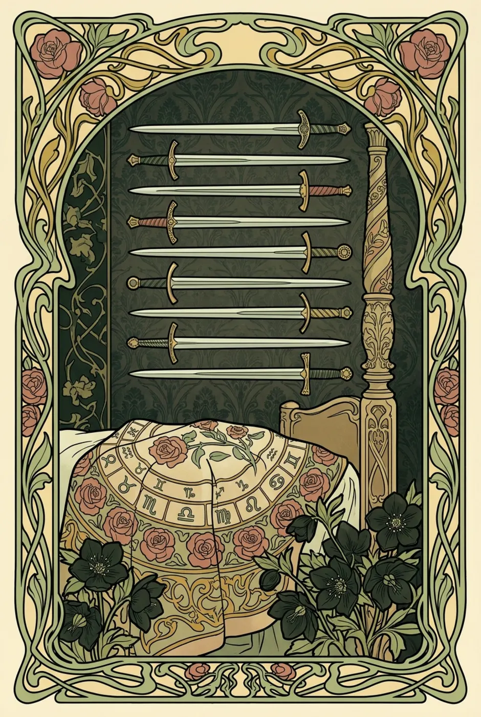 Nine of Swords, reversed, a L'Heure Verte tarot card