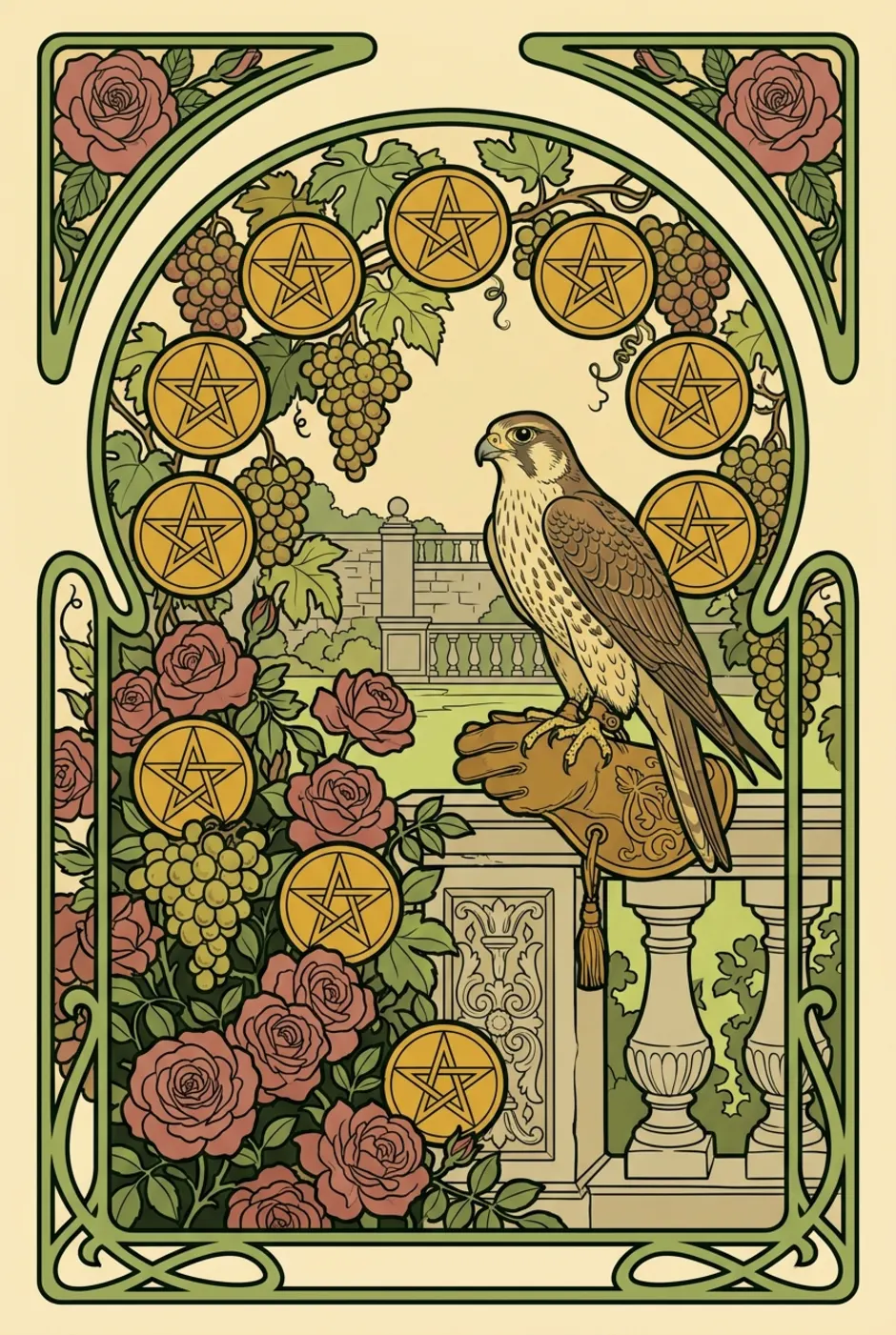 Nine of Pentacles, reversed, a L'Heure Verte tarot card