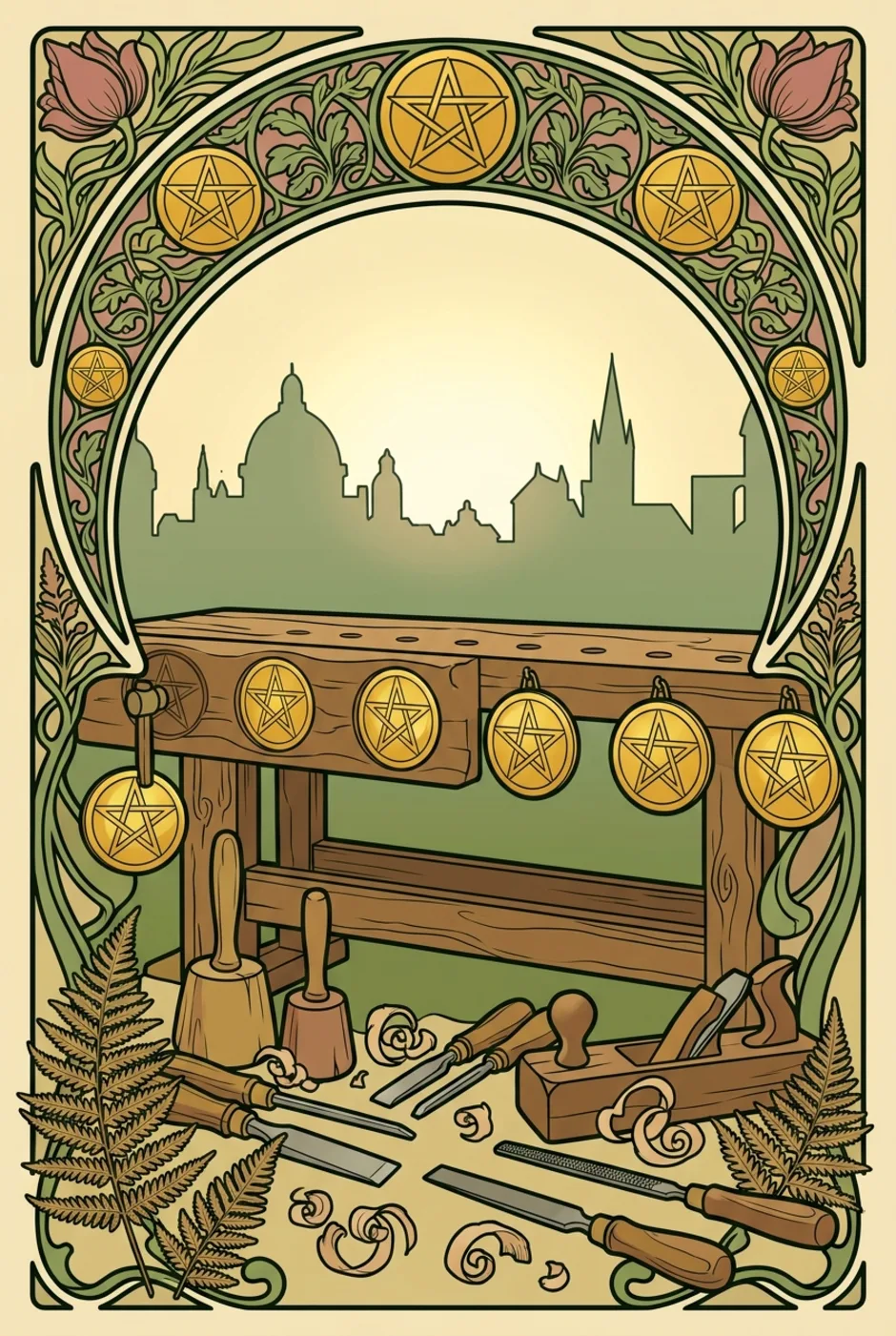 Eight of Pentacles, upright, a L'Heure Verte tarot card