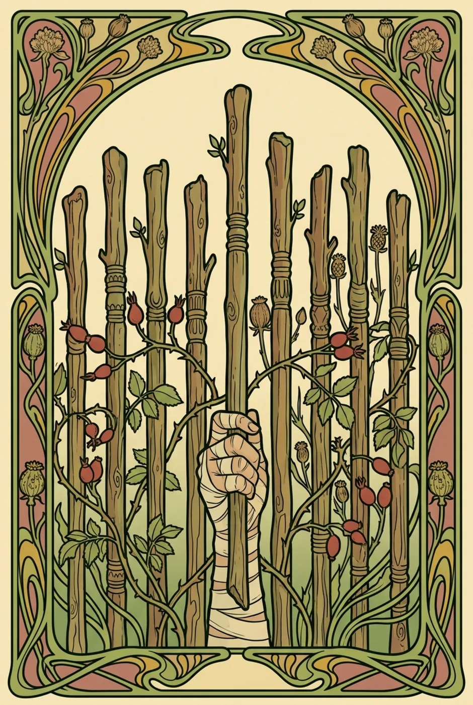 Nine of Wands, reversed, a L'Heure Verte tarot card
