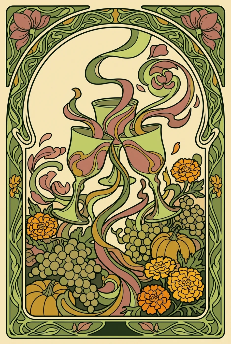 Three of Cups, upright, a L'Heure Verte tarot card