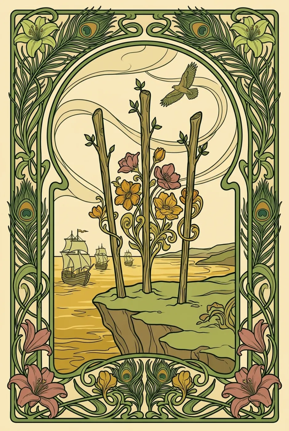 Three of Wands, upright, a L'Heure Verte tarot card